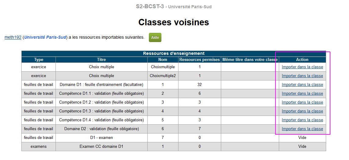 liste des ressources pouvant tre importes et lien pour les importer