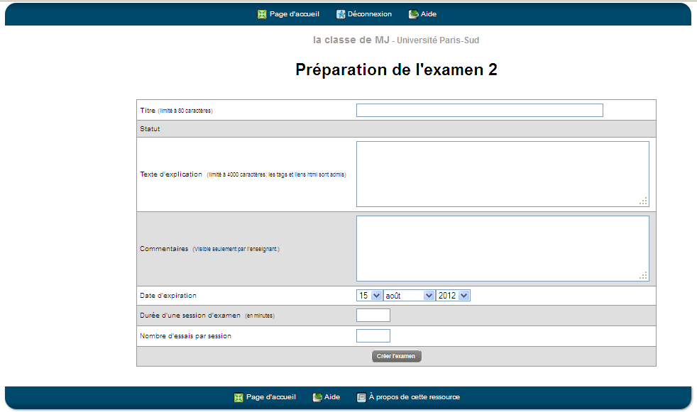 Page de configuration d'un examen