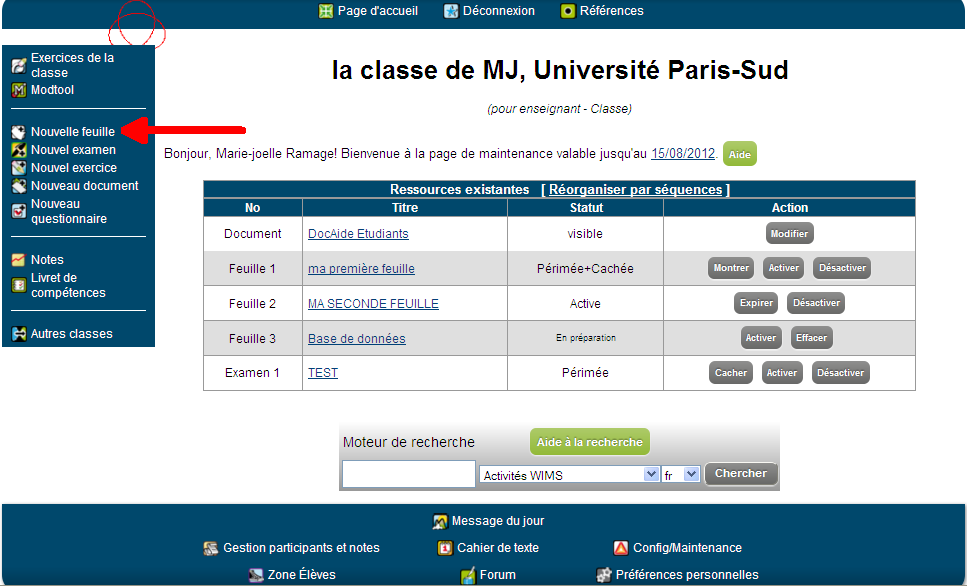 Lien vers la page de configuration d'une feuille
