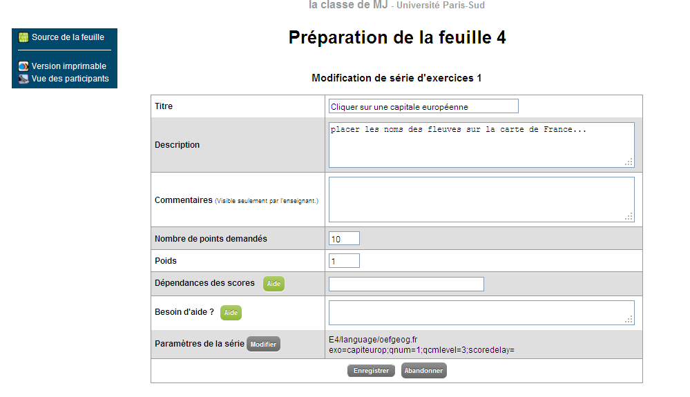 Modifier la configuration d'un exercice