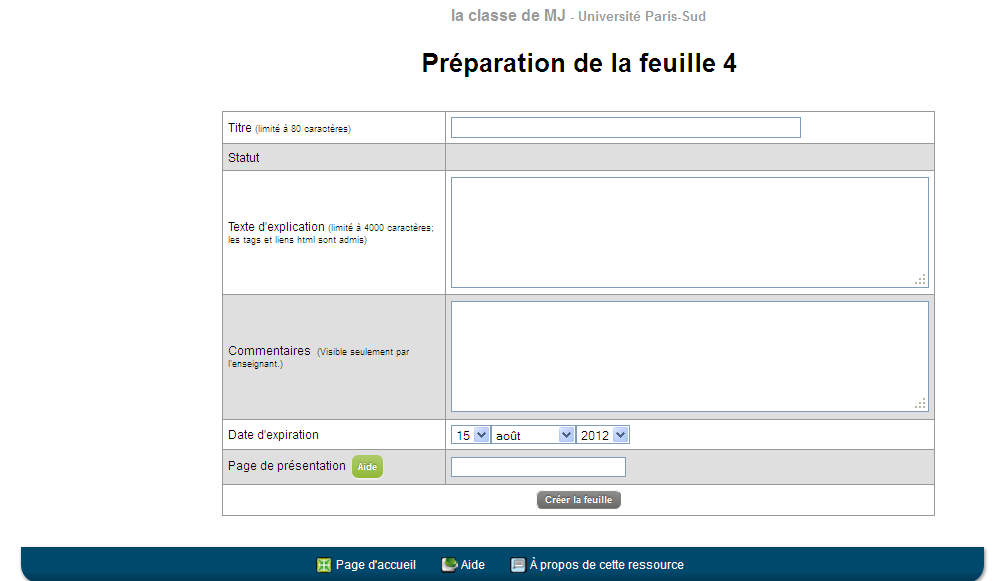 page de configuration d'une feuille d'exercices