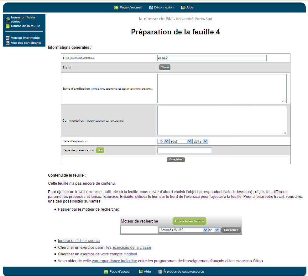 page de prparation d'une feuille d'exercices