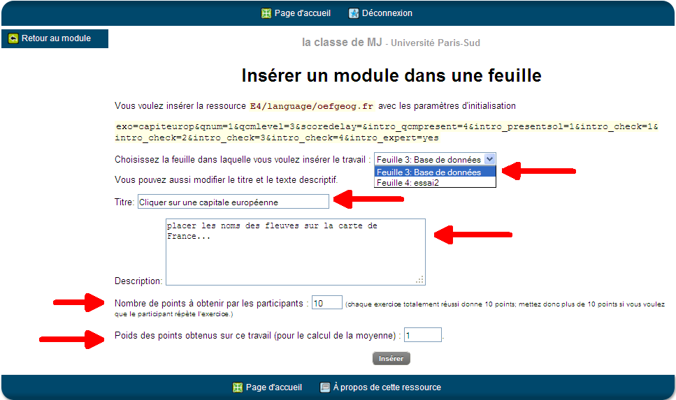 Insrer un exercice dans une feuille