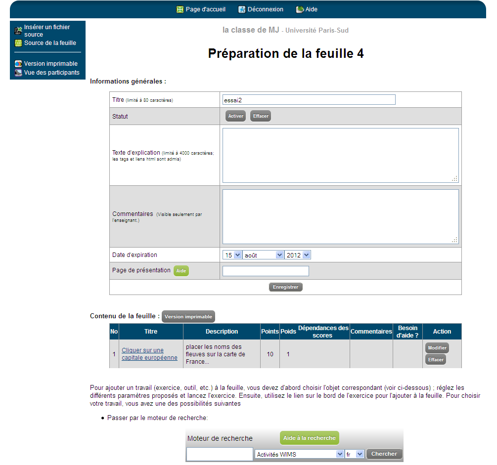 page de configuration de la feuille