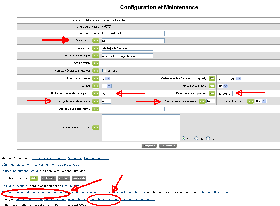 Page de configuration et maintenance de la classe